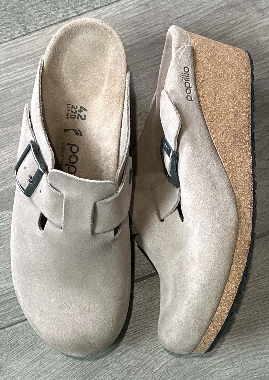 Papillio by Birkenstock Taupe Suede Wedge Clog Sandals Size 42